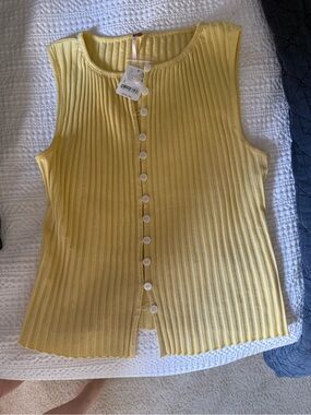 Free People Sunny Yellow Ribbed Button-Front Tank